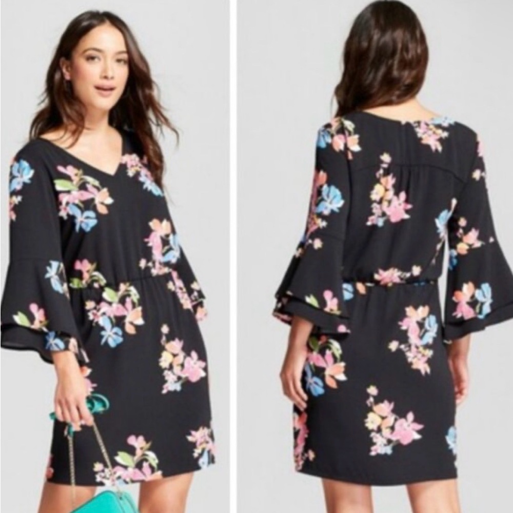 Medium | a new day Black Floral Dress Bell Sleeves A Line